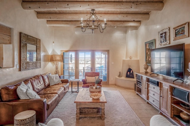 living area with light tile patterned floors, beamed ceiling, wood ceiling, and a chandelier