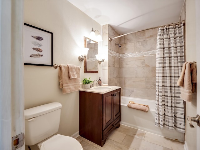 bathroom featuring vanity, toilet, shower / bath combo with shower curtain, and tile patterned flooring