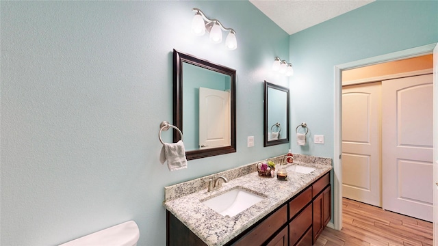 bathroom featuring double vanity, toilet, wood finished floors, and a sink