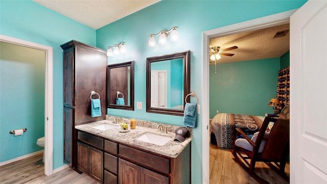 bathroom with a sink, a textured ceiling, wood finished floors, and toilet