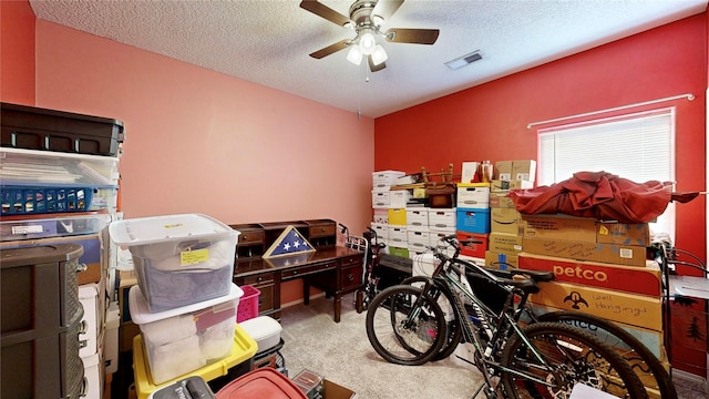 storage featuring visible vents and ceiling fan