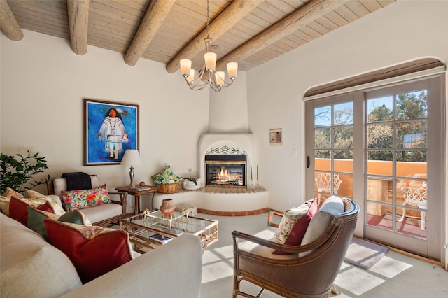 3101 Old Pecos Trl Unit 219, Santa Fe, NM 87505 - carpeted living room with wood ceiling, beam ceiling, a fireplace, and a notable chandelier