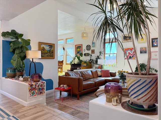 living area with baseboards, a textured ceiling, and wood finished floors