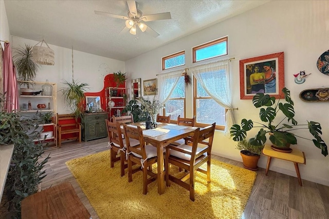 dining space with baseboards, a textured ceiling, ceiling fan, and wood finished floors