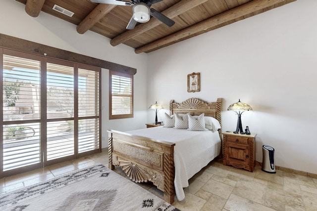 bedroom featuring visible vents, baseboards, beamed ceiling, wooden ceiling, and stone tile flooring