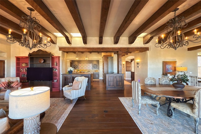 dining space featuring beamed ceiling, arched walkways, dark wood-type flooring, and an inviting chandelier