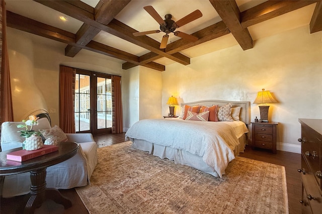 bedroom with wood finished floors, baseboards, coffered ceiling, access to exterior, and french doors