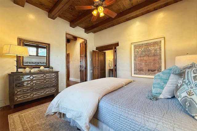 bedroom featuring beam ceiling, wooden ceiling, ceiling fan, and wood finished floors