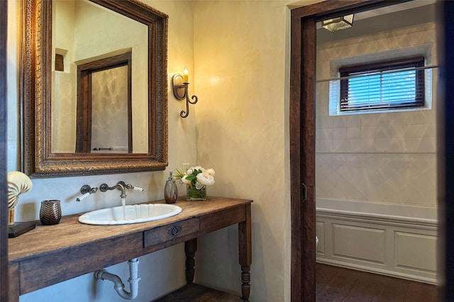 bathroom with wood finished floors and a sink