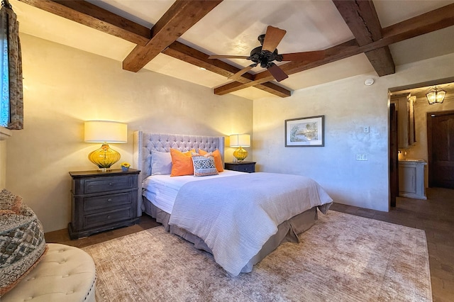 bedroom with beamed ceiling, a ceiling fan, and coffered ceiling