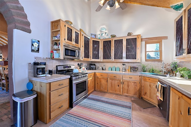 kitchen featuring decorative backsplash, a high ceiling, appliances with stainless steel finishes, and a sink