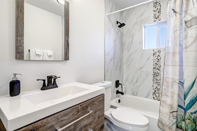 full bath featuring vanity, toilet, and shower / tub combo with curtain