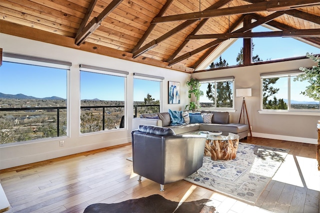 interior space with hardwood / wood-style floors, wooden ceiling, beamed ceiling, and baseboards