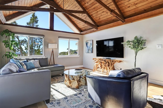 living room with baseboards, beam ceiling, wood ceiling, and wood finished floors