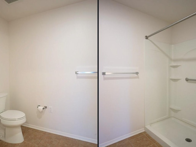 bathroom featuring tile patterned flooring, toilet, and walk in shower