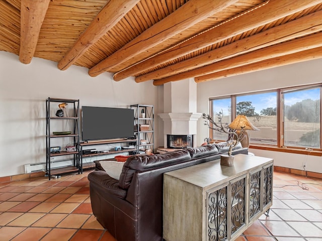 living area featuring light tile patterned flooring, beamed ceiling, a fireplace, and wood ceiling