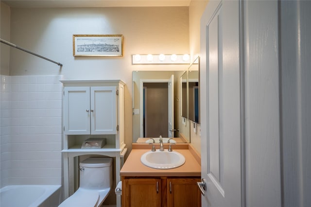 full bath with shower / bathing tub combination, toilet, and vanity