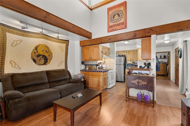 living room with track lighting, light wood-style flooring, and a towering ceiling