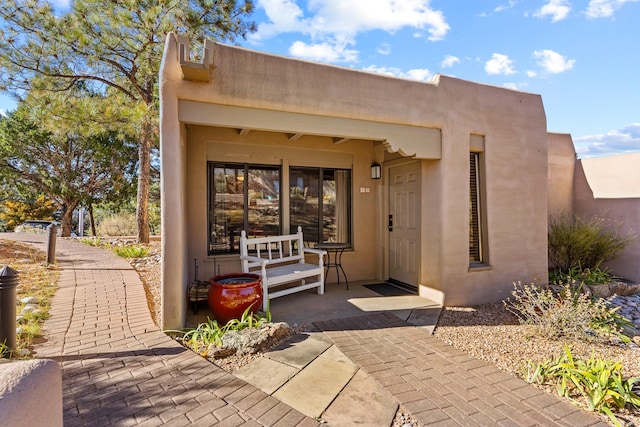 doorway to property featuring stucco siding