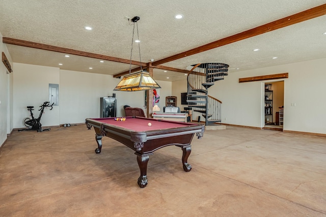 recreation room featuring pool table, finished concrete floors, beam ceiling, recessed lighting, and a textured ceiling