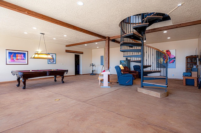 interior space with baseboards, beamed ceiling, concrete flooring, recessed lighting, and a textured ceiling