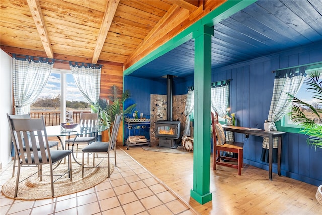 dining room featuring wood walls, beam ceiling, wooden ceiling, a wood stove, and wood finished floors