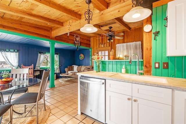 kitchen featuring a sink, stainless steel dishwasher, open floor plan, wooden walls, and wood ceiling