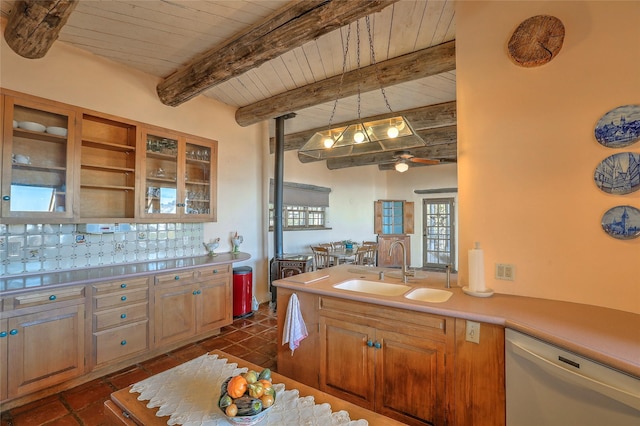 kitchen featuring backsplash, glass insert cabinets, wood ceiling, stainless steel dishwasher, and a sink