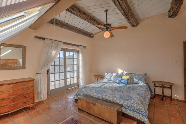 bedroom featuring tile patterned floors, beam ceiling, wooden ceiling, and access to exterior