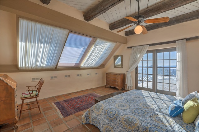 bedroom with visible vents, beamed ceiling, wooden ceiling, and a ceiling fan