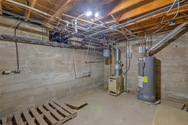 unfinished basement featuring water heater and a heating unit