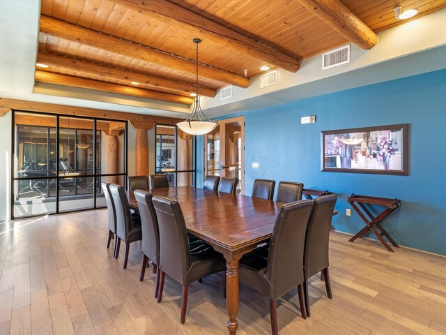 dining space featuring wood ceiling, visible vents, and light wood-type flooring