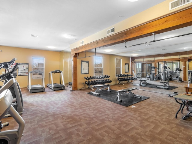 workout area with visible vents and carpet floors