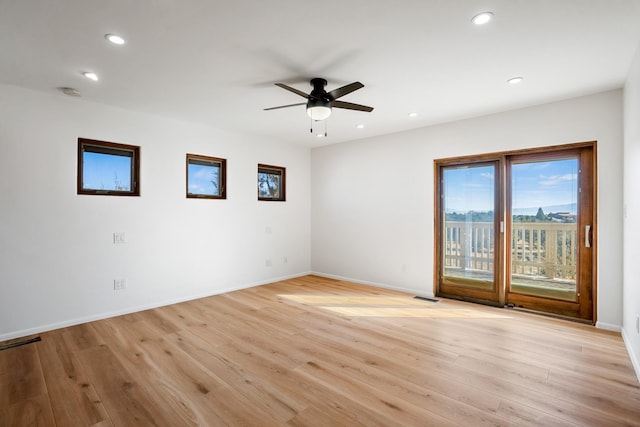 unfurnished room featuring visible vents, recessed lighting, a ceiling fan, and light wood-style floors