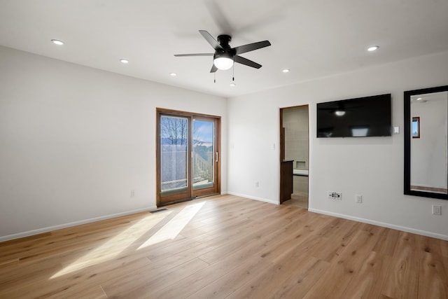 interior space with recessed lighting, visible vents, light wood finished floors, and ceiling fan