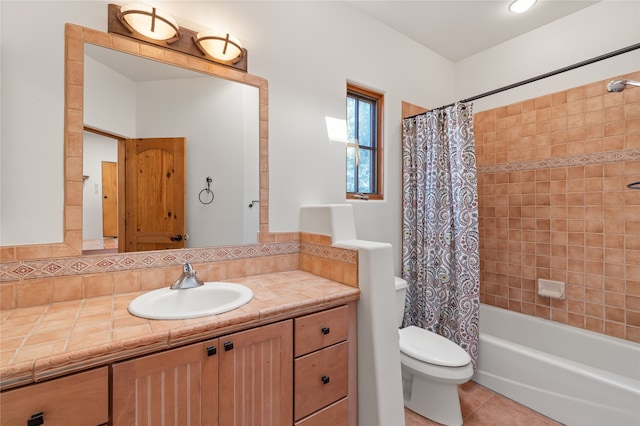 full bath featuring toilet, shower / bath combo, tile patterned flooring, decorative backsplash, and vanity