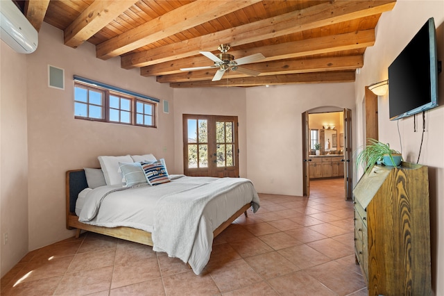 bedroom featuring a wall mounted air conditioner, beamed ceiling, arched walkways, light tile patterned floors, and wood ceiling