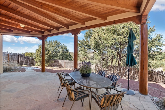 view of patio featuring a fenced backyard and outdoor dining space