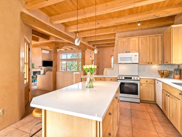 kitchen with beam ceiling, light brown cabinetry, tasteful backsplash, white appliances, and wooden ceiling