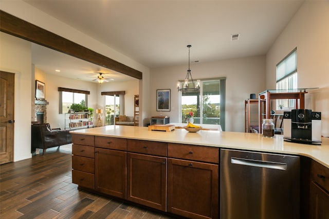 kitchen featuring visible vents, wood finish floors, a peninsula, light countertops, and dishwasher