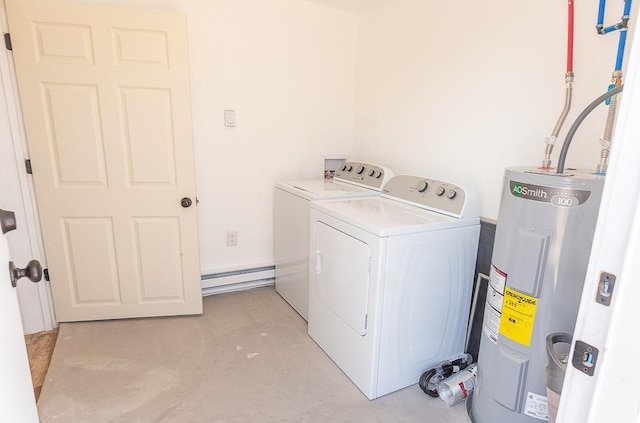 clothes washing area featuring washer and dryer, water heater, and laundry area