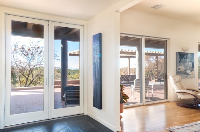 doorway featuring a wealth of natural light, visible vents, baseboards, and dark wood-style flooring