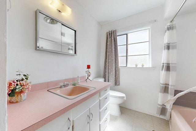 bathroom with vanity, toilet, shower / bathtub combination with curtain, and tile patterned flooring