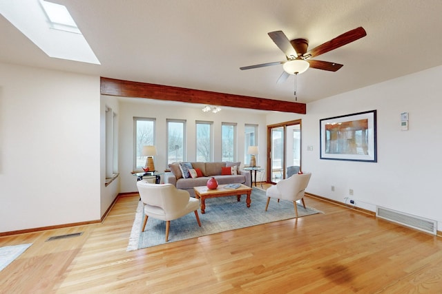 living room featuring light wood finished floors, visible vents, baseboards, and a skylight