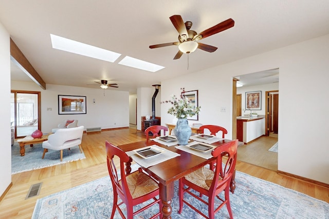 dining area with a wood stove, light wood-style flooring, a ceiling fan, visible vents, and a skylight