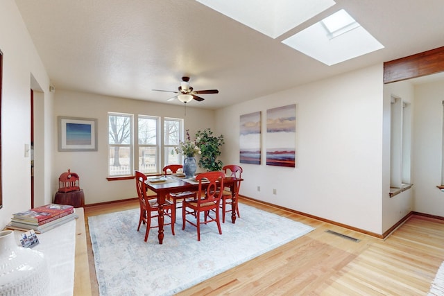 dining area featuring baseboards, a ceiling fan, visible vents, a skylight, and wood finished floors