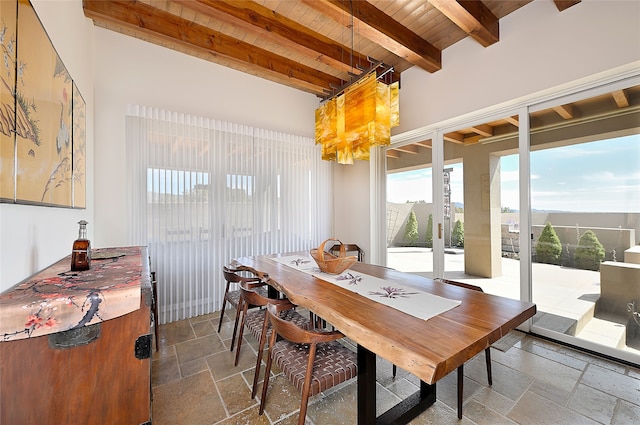 570 Via Arista, Santa Fe, NM 87506 - dining room featuring wooden ceiling, beamed ceiling, and stone tile flooring