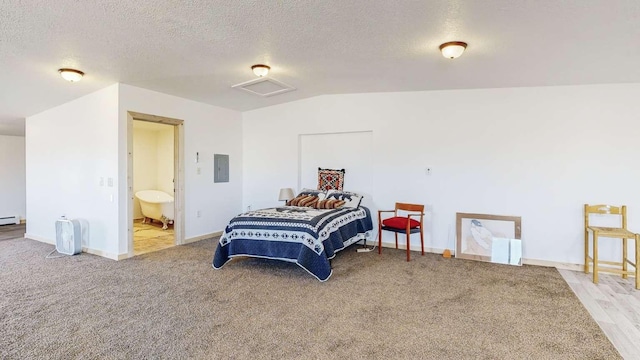 bedroom with baseboards, lofted ceiling, electric panel, ensuite bathroom, and a textured ceiling