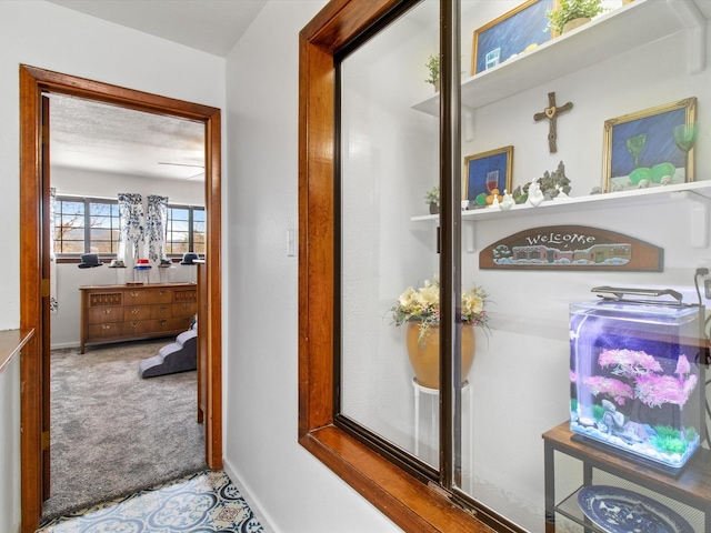 hallway with baseboards and carpet floors