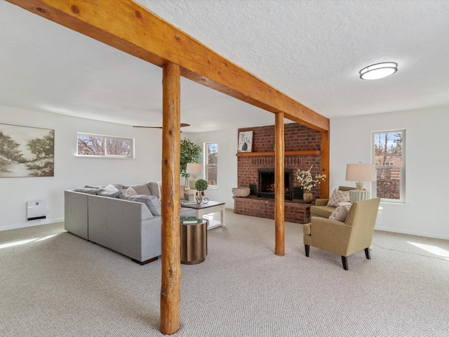 2606 Alamosa Dr, Santa Fe, NM 87505 - living room with a brick fireplace, carpet, and beamed ceiling